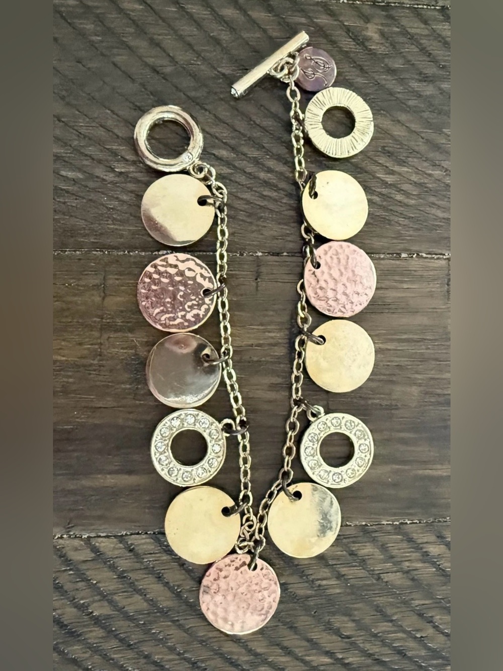 Source Unknown Two-Tone Gold and Rose Disc Charm Bracelet with Crystal Rings